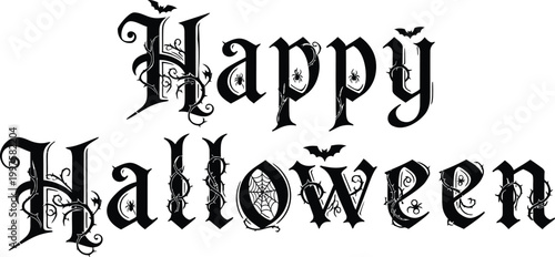 happy halloween text with decorative elements on white background
