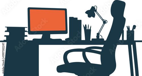 Modern office desk workspace silhouette with computer monitor, desk lamp, and ergonomic chair on white background.