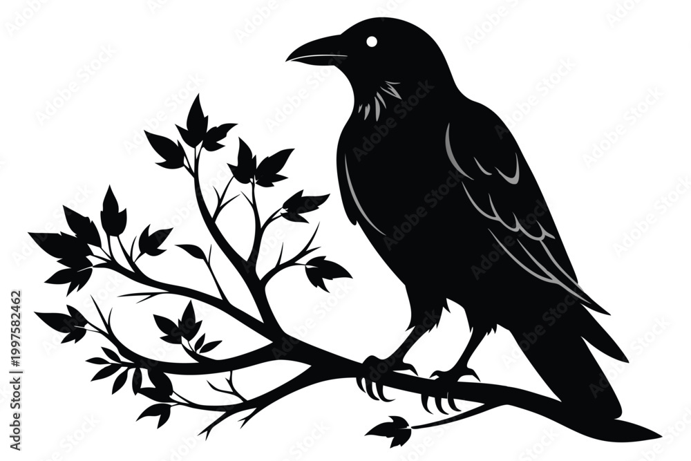 Fototapeta premium crow setting on a branch silhouette line art vector illustration with a white background