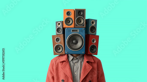 Human figure with stacked speakers replacing head, surreal sound system sculpture, retro speaker collage, conceptual art piece, metaphor.