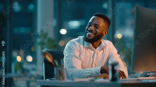 Businessman reacting positively with nod, cinematic side light, shallow focus, copy space on right
