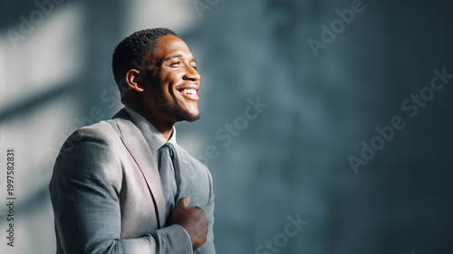 Businessman reacting positively with nod, cinematic side light, shallow focus, copy space on right