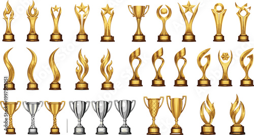 Large collection of gold and silver trophy vector icons featuring award cups, stars, flames, and abstract geometric statues for sports, corporate recognition, and academic success.