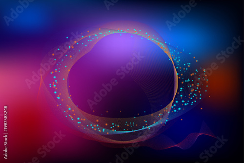 Abstract futuristic background with colorful glowing neon wave ring and particles