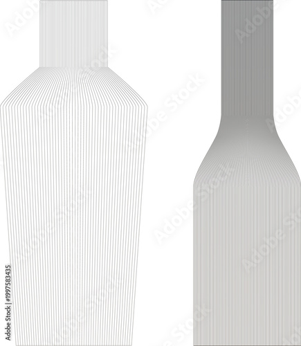Minimalist glass bottle silhouettes with vertical line texture, modern beverage container vector set, sleek white and grey bottle mockups for packaging design