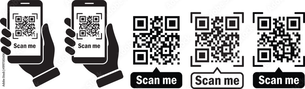 Fototapeta premium Qr code scan icons with smartphones and labels isolated on white background, Vector