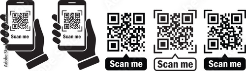 Qr code scan icons with smartphones and labels isolated on white background, Vector