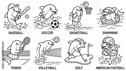 Collection set of line art cartoon animal character playing sport vector illustration for kids and children's coloring exercise on white background, Dolphin
