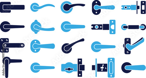 Door handles and locks icons set for architectural and interior design elements.
