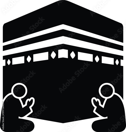 Muslim people praying near Kaaba minimal black vector illustration representing Islamic worship faith spirituality pilgrimage concept with simple silhouette figures