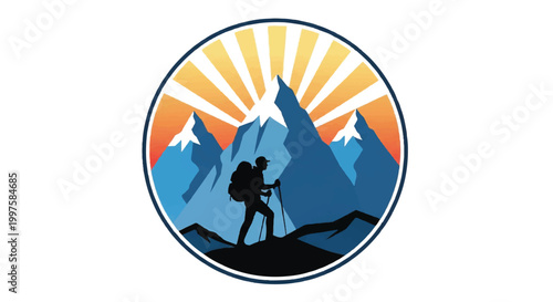 Mountain climber silhouette with sunburst and peaks
