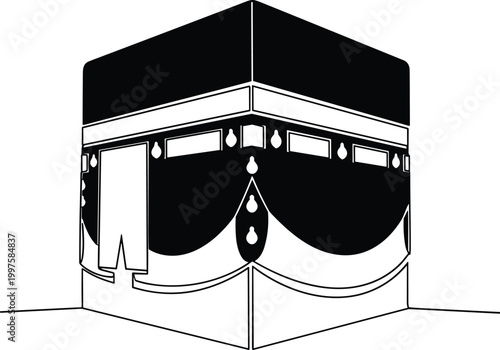 Kaaba silhouette with decorative drapery and hanging lamps in minimal black illustration representing Islamic holy structure and religious pilgrimage concept