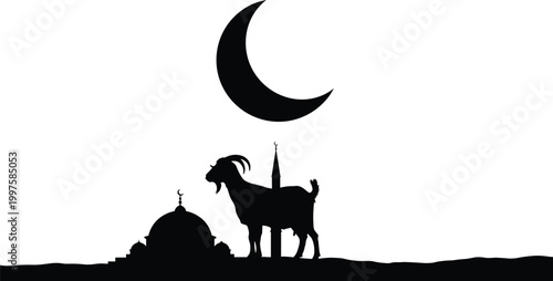 Goat silhouette with mosque and crescent moon in minimal black illustration representing cultural religious symbolism and livestock concept landscape scene
