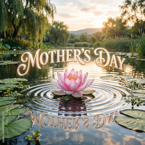 Pink lotus flower in calm water, spiritual symbol of purity and motherly love

