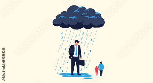 Depressed businessman standing under a dark rain cloud while other people walk away symbolizing loneliness and failure.
