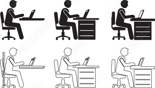 People working on laptop at desk in different postures vector illustration