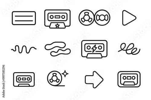 Mixtape Era Icons. Mixtape era symbols. Line outline icon set of Mixtape era symbols: mixtape label, star