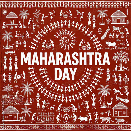Traditional Indian Warli tribal art background celebrating Maharashtra Day