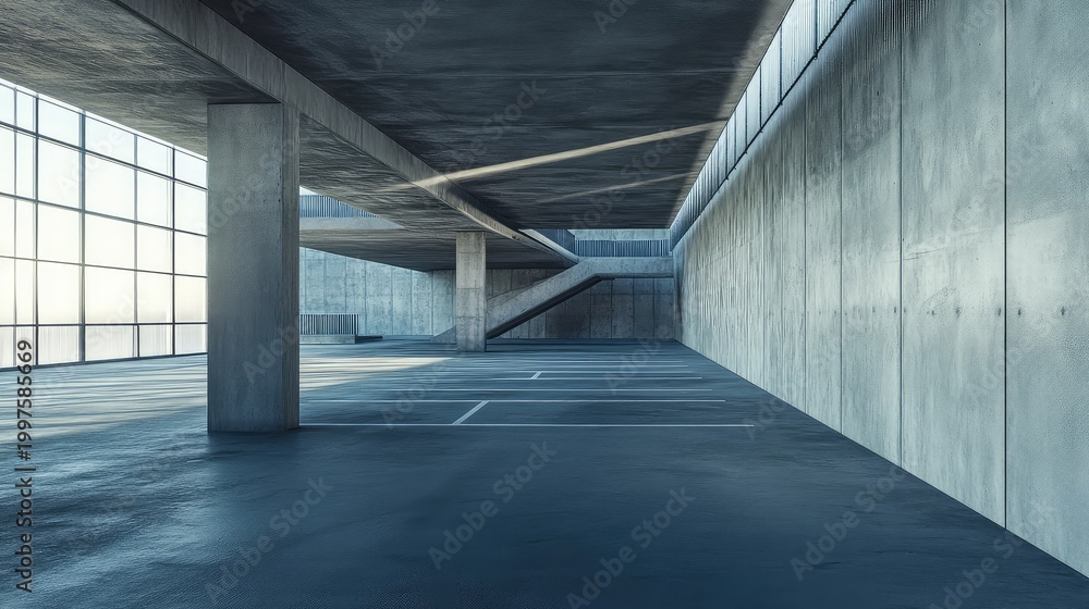 Fototapeta premium Empty multi story parking garage interior showcasing minimal brutalist architecture, raw concrete surfaces, and abstract light and shadow patterns across the floor