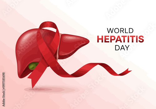 World hepatitis day illustration with liver and red ribbon