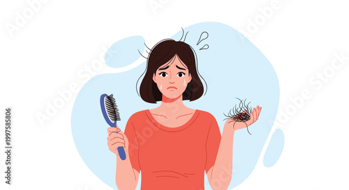 Distressed young woman looking at a hairbrush and palm filled with fallen hair strands illustrating female hair loss problems.