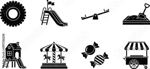 set of playground and amusement park icons in black and white silhouette style high quality professional detailed modern elegant stylish clean
