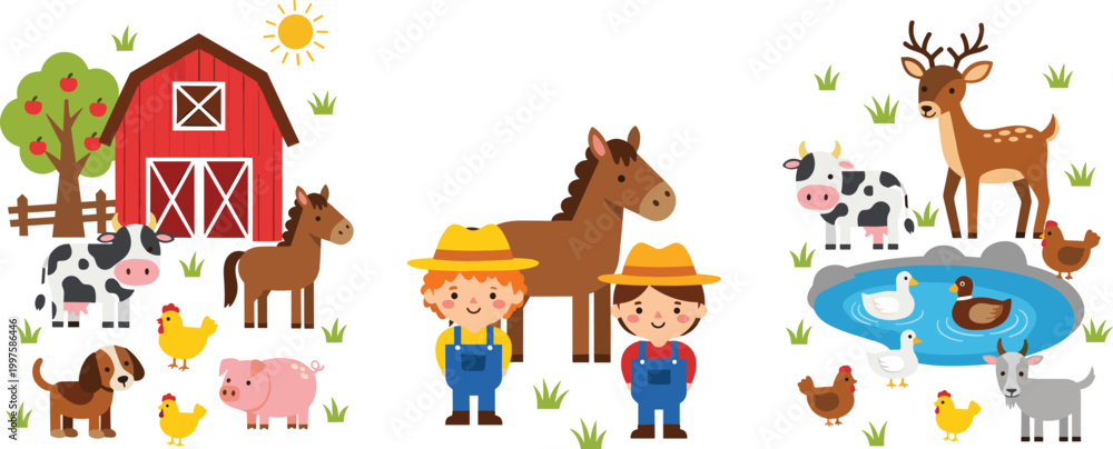 Naklejka premium Collection of cute farm vector illustrations featuring a red barn, farmers, and animals including cow, horse, pig, chicken, goat, and deer for children's designs.