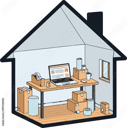 House shape with interior showing packing table and laptop (cutaway style)