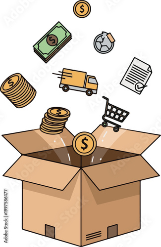Parcel box opening with icons floating out (orders, money, delivery)