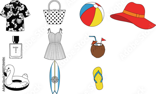 summer vacation items collection including beach ball hat sandals surfboard and accessories high quality professional detailed modern elegant stylish clean crisp