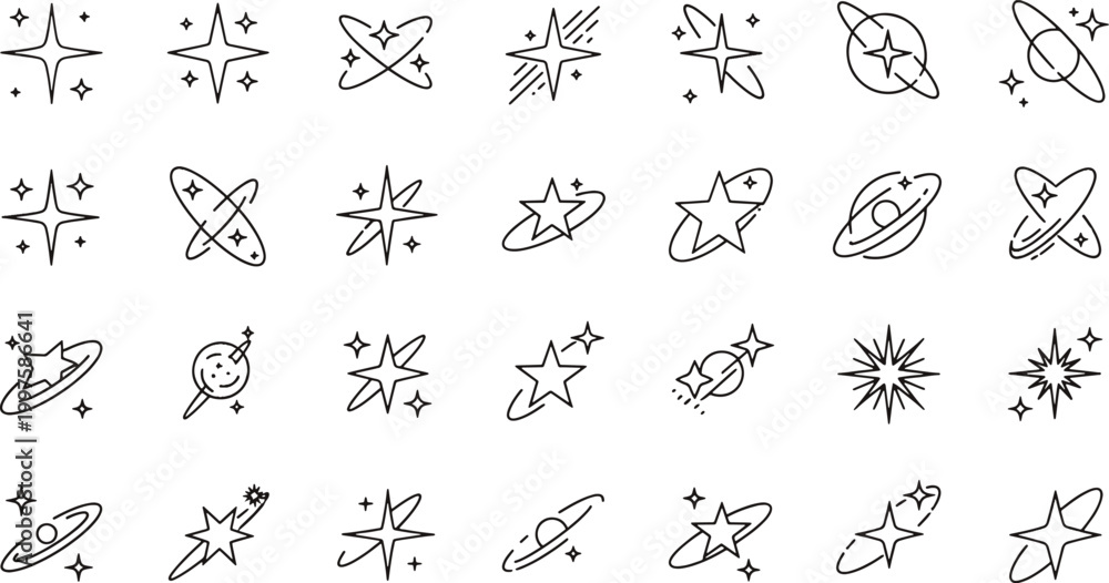 Fototapeta premium Set of minimalist line icons featuring twinkling stars sparkling planets cosmic galaxy elements and celestial symbols for graphic design vector illustration