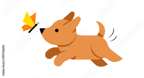 A playful cartoon dog chasing a colorful butterfly in mid air