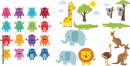 Large collection of cute monster and wild animal vector icons featuring giraffe, elephant, lion, crocodile, kangaroo, and colorful alien characters for children's educational design projects.