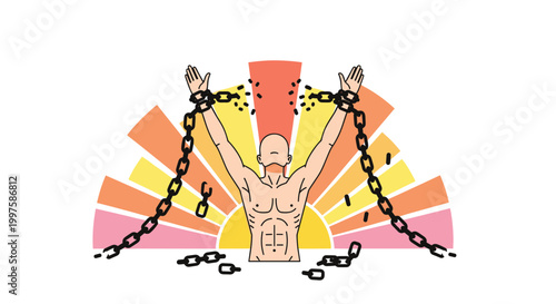 A muscular man breaks free from chains in a vibrant vector graphic illustration
