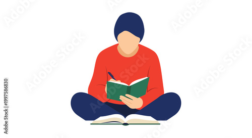A person wearing a red shirt and blue pants sitting cross-legged reading a green book