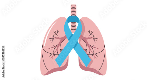 An illustration of lungs with a blue awareness ribbon wrapped around the trachea
