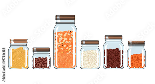 A set of six glass jars filled with various colorful food ingredients