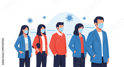 Group of diverse people wearing medical face masks and standing in a line with virus icons in the background representing a health crisis.