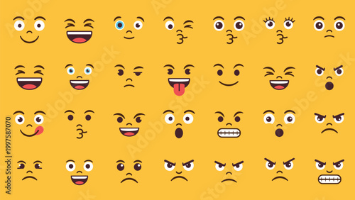 Large grid of yellow emoticon faces displaying a wide variety of human emotions and expressions from joy to anger.