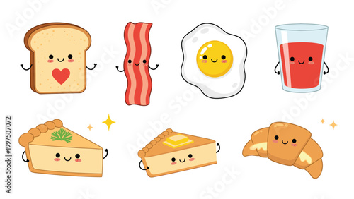 Selection of happy breakfast food characters with cute faces including bread, bacon, fried egg, juice, and a croissant.