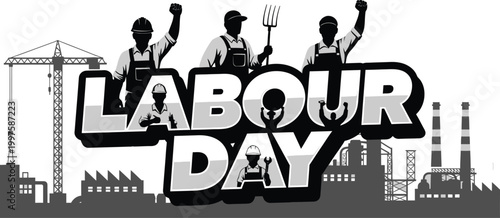 labour day celebration with workers and industrial backdrop