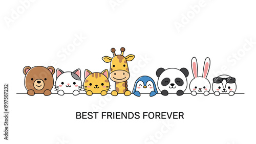 Long row of adorable animal characters like bear, cat, giraffe, and penguin peeking over a line with best friends forever text.