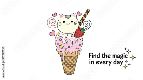Cute cat face ice cream cone with strawberry and star toppings features inspirational quote about finding everyday magic.