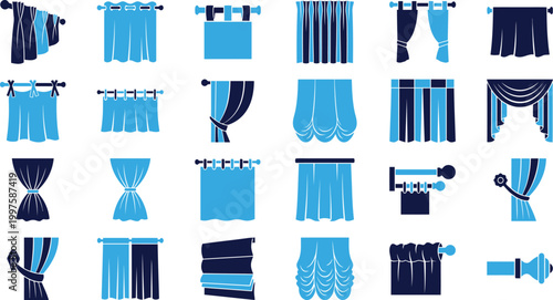 Various styles of curtains and window treatments for interior design.