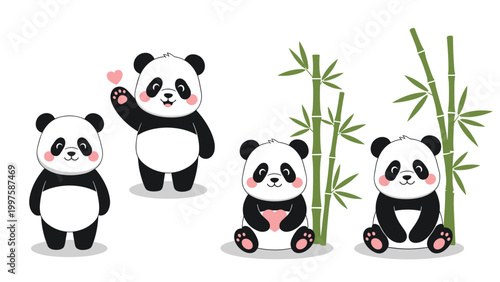 Collection of cute giant pandas in various poses with bamboo stalks and hearts is set against a clean white background.