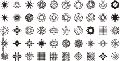 Collection of abstract geometric star shapes and sacred geometry symbols with crystalline structures and linear patterns for modern graphic design vector illustration