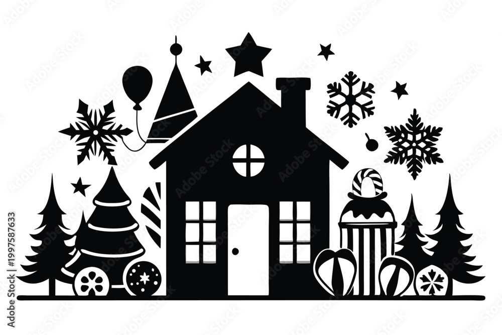 Fototapeta premium christmas winter and house silhouette line art vector illustration with a white background