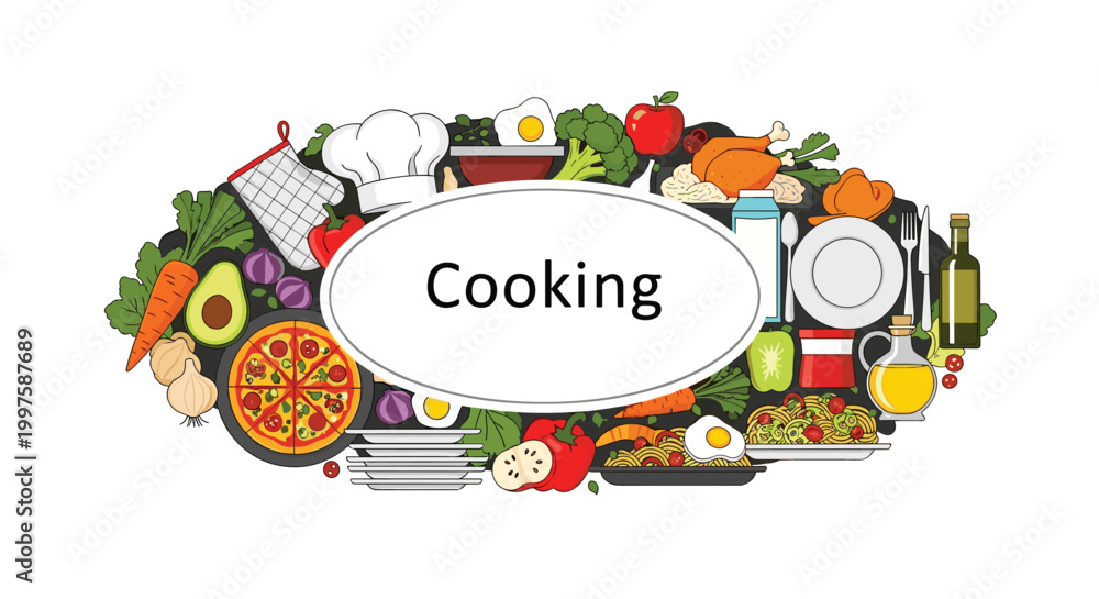 Fototapeta premium Various food ingredients and dishes like pizza, chicken, and vegetables arranged in a circle around the central word cooking.