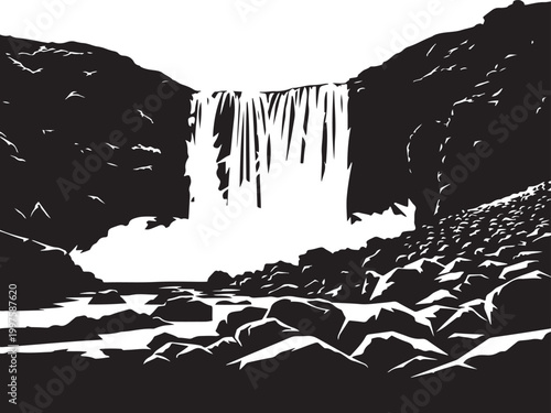 Black and white waterfall illustration with rocky landscape.