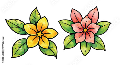 Watercolor yellow jasmine and pink star flower illustration set with vibrant green leaves and hand drawn ink outlines isolated on a white background for botanical cards and floral designs